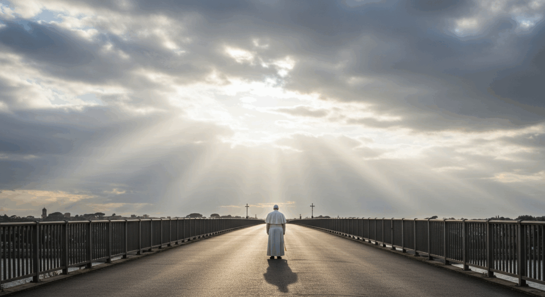 El Papa Francisco de pie, solo, sobre un puente iluminado por rayos de sol que atraviesan las nubes, simbolizando su papel como mediador y defensor de la paz y la justicia.
